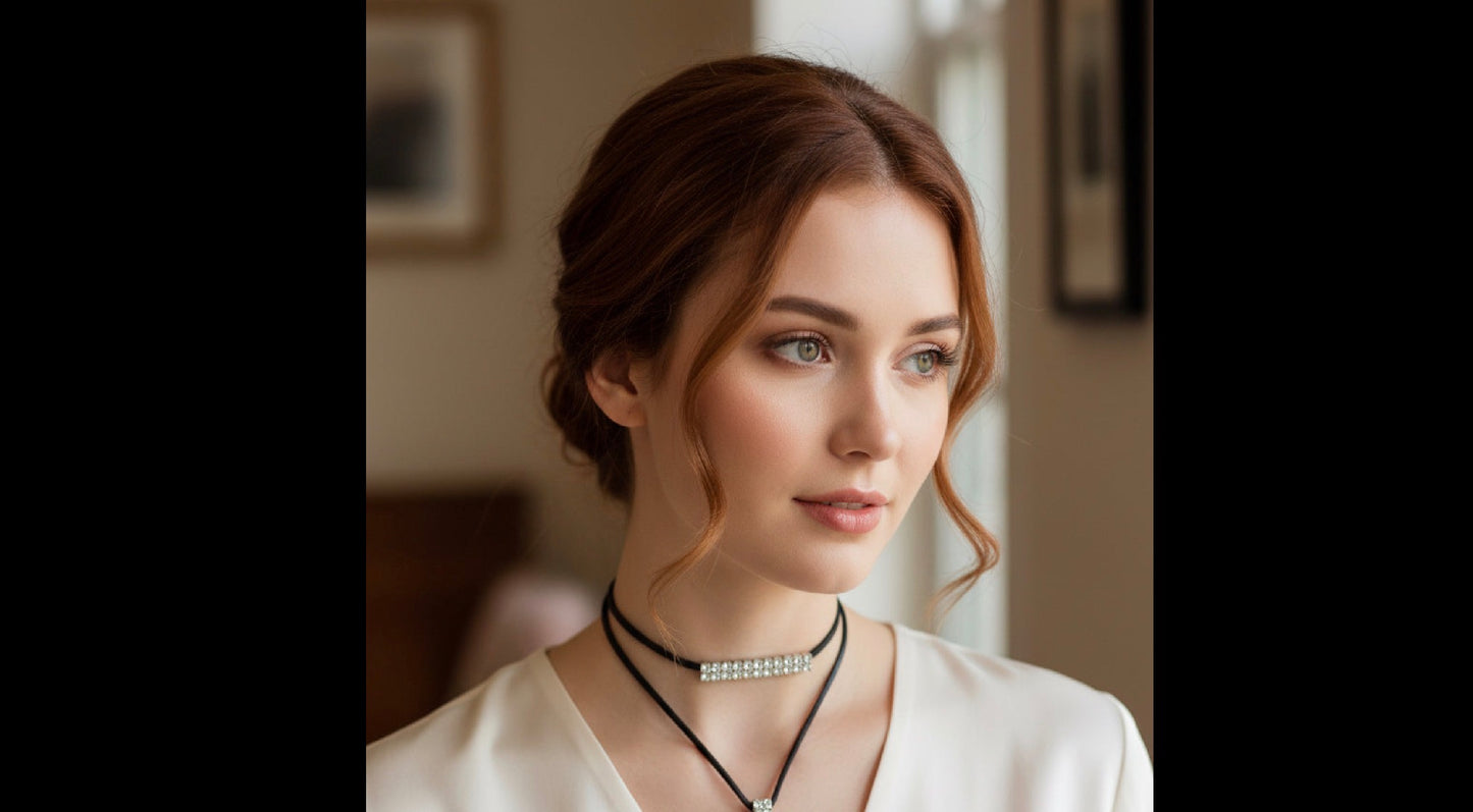 Leather Rhinestone Curved Bar Multi Strand Chocker Neclace