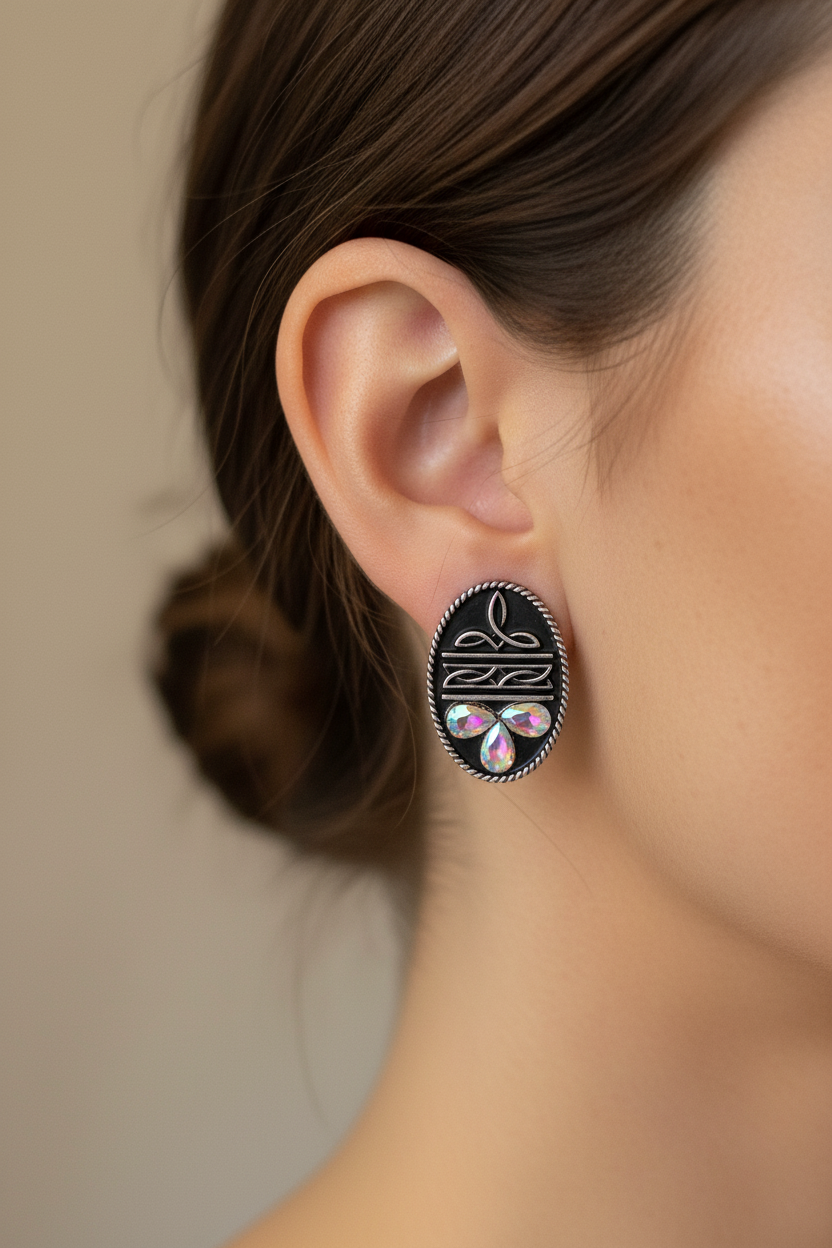 Boot Stitch Oval Stud Earrings