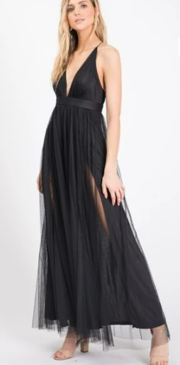Black V-Neck Tulle Maxi