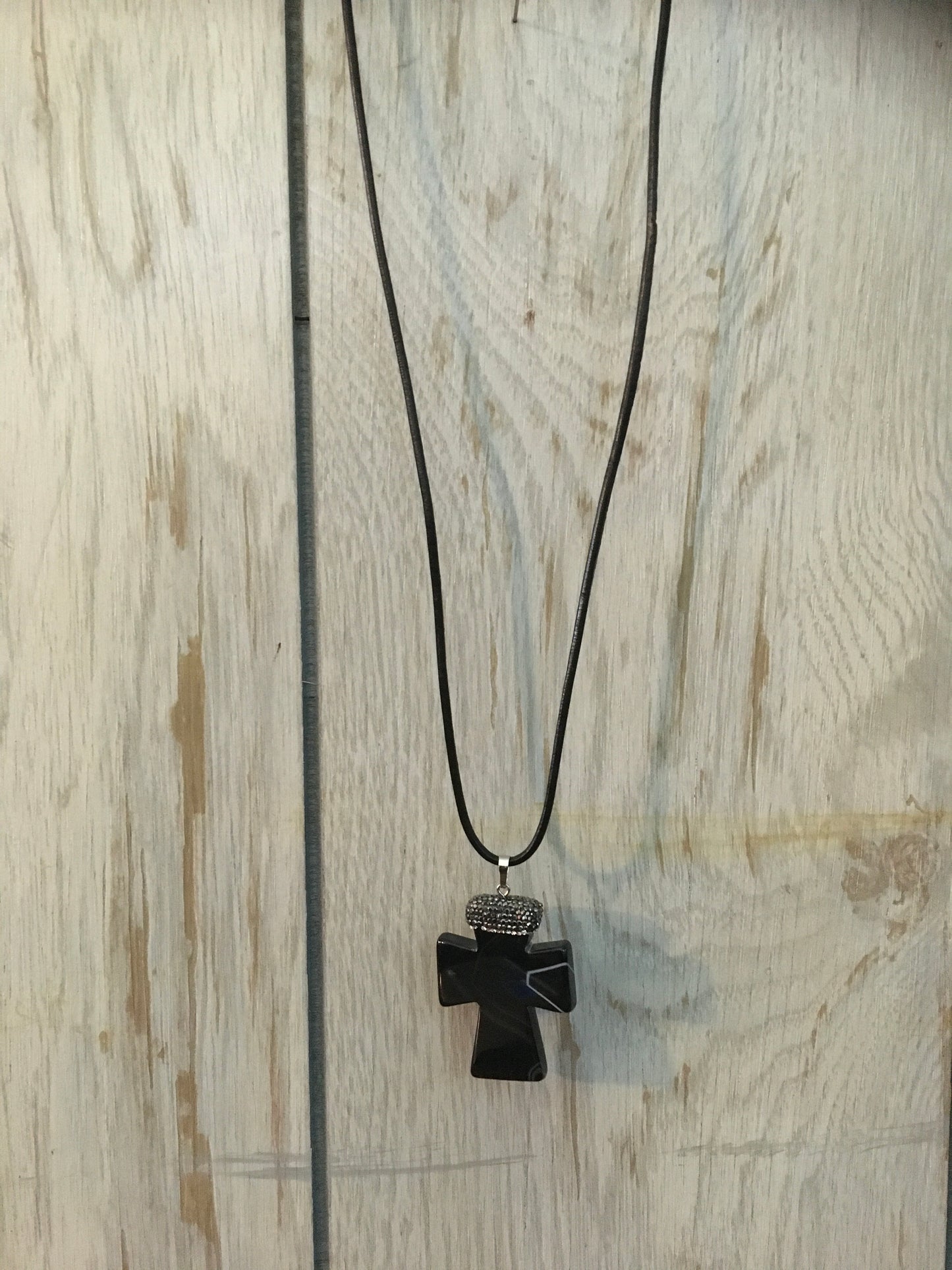 Long Genuine Leather Crystal Cross