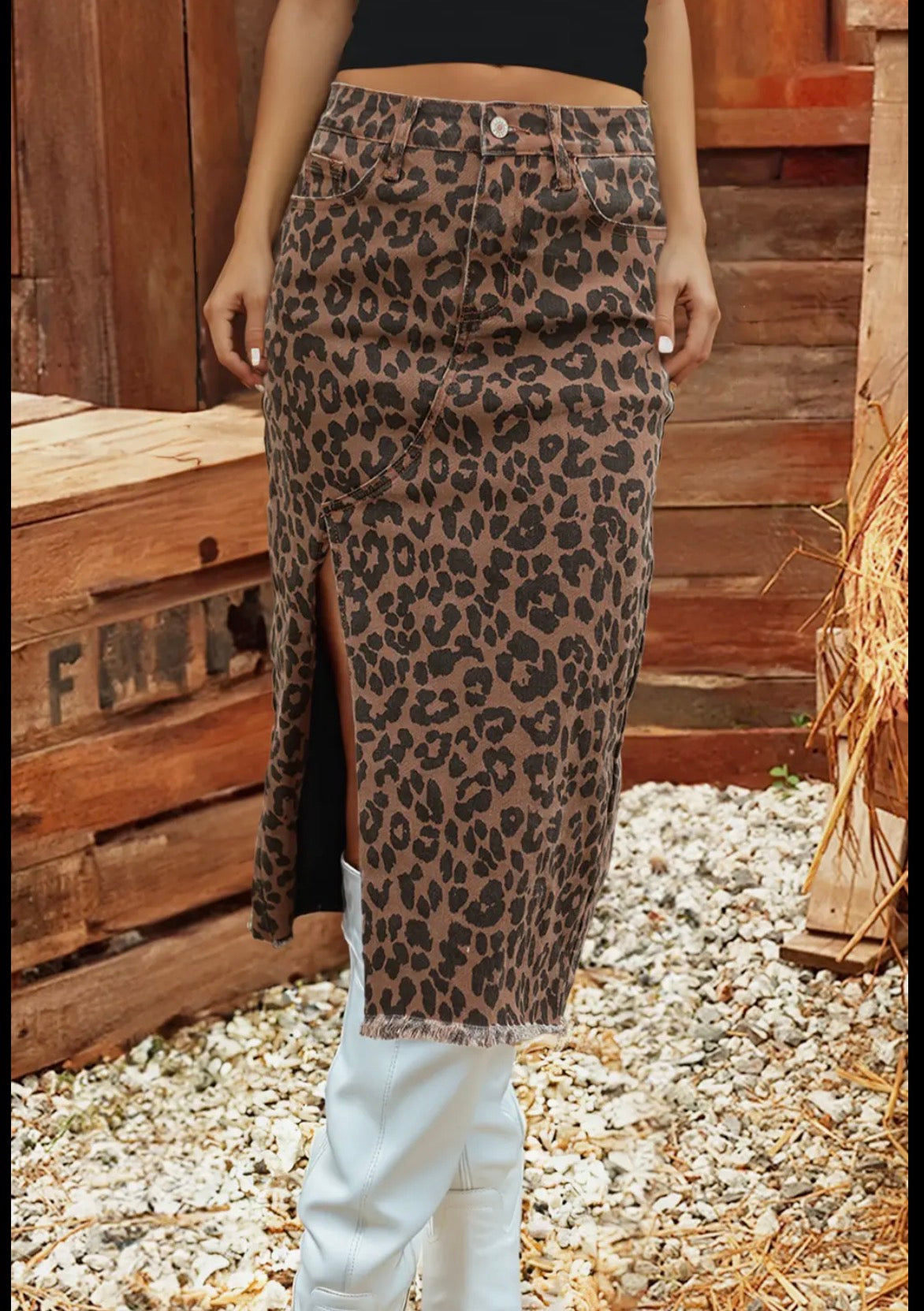 Leopard Frayed Denim Skirt