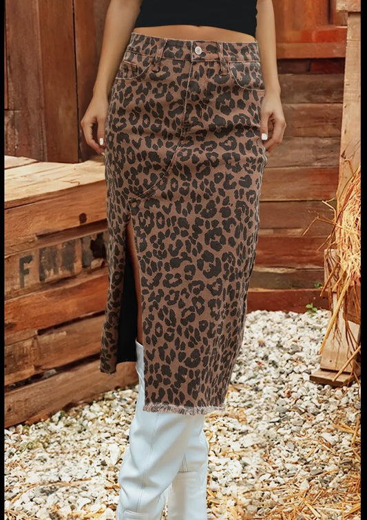 Leopard Frayed Denim Skirt