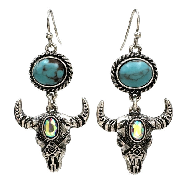 Silver Longhorn Turquoise Cabochon Ab Rhinestone Dangle Earrings