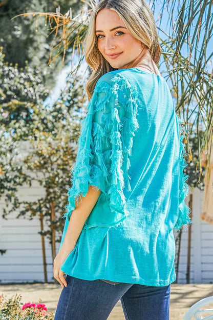 Feathered Detail 3/4 Sleeve Top