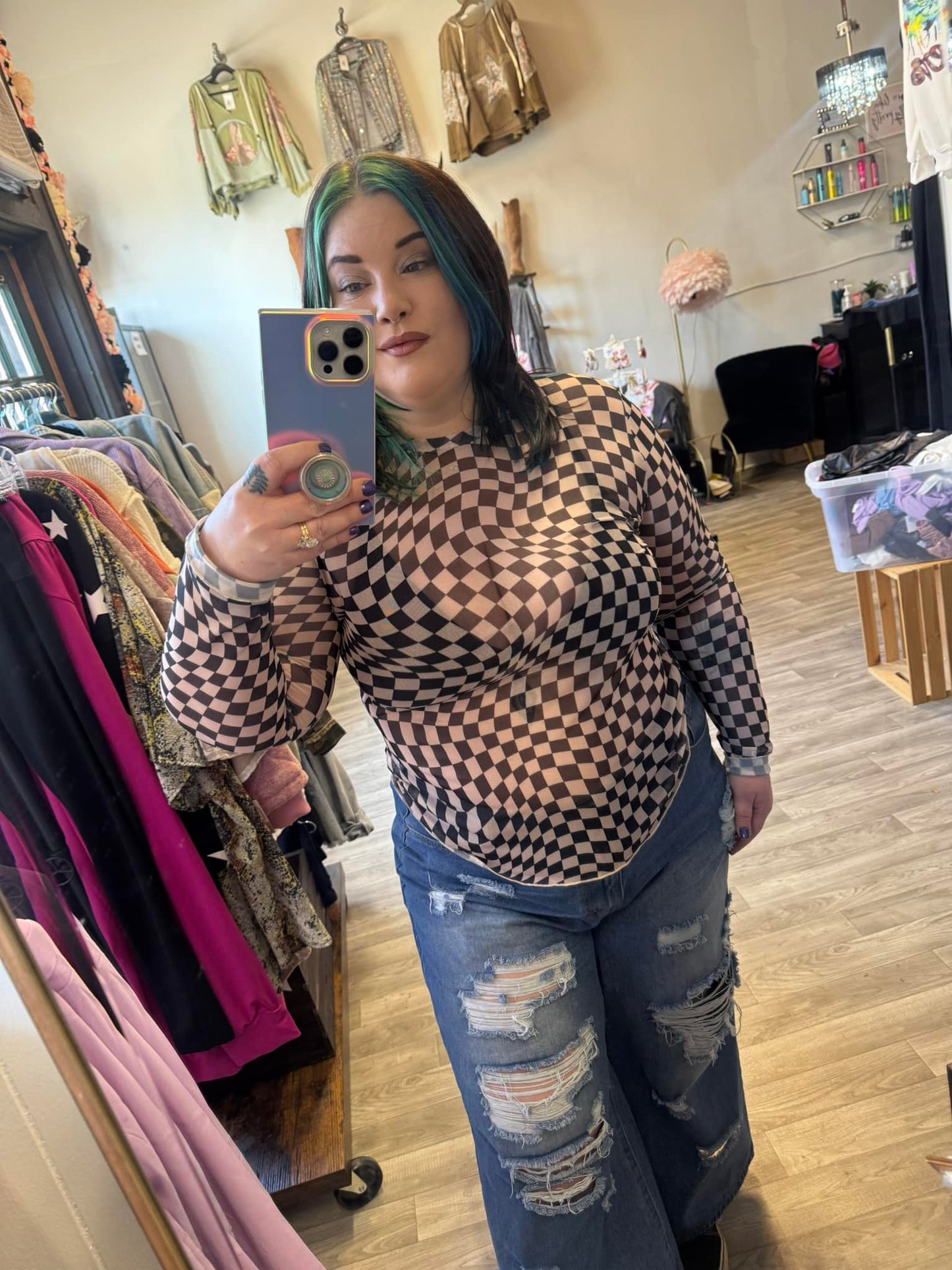 Lauren's Mesh & Checkered Top