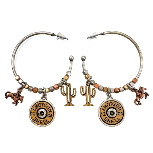 Bullet Shell Cowboy Cactus Western C Hoop Earrings