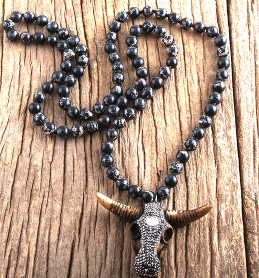 Black Bead Bull Skull Necklace