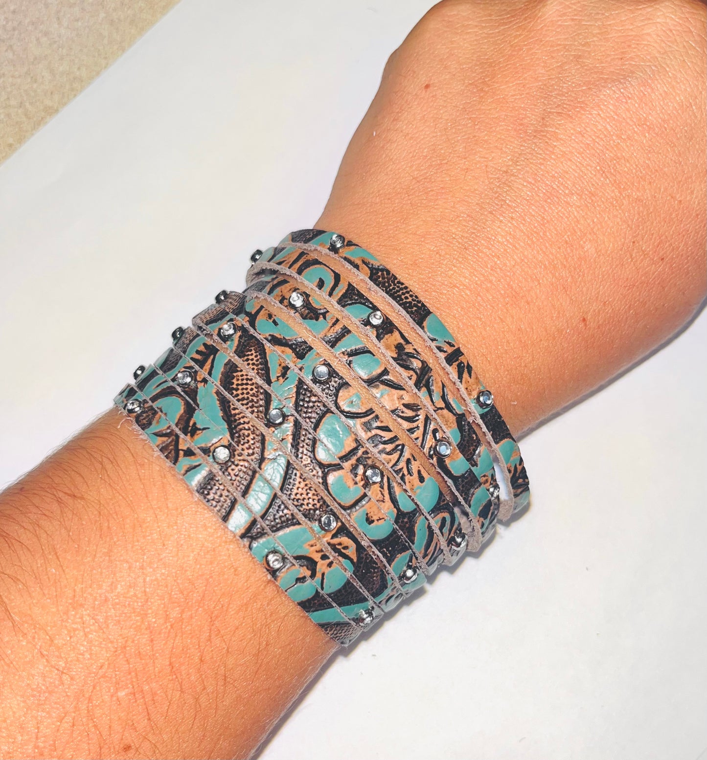 Turq Tooled Leather Snap Bracelet