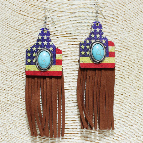 USA Cow Tag Tassel Earrings