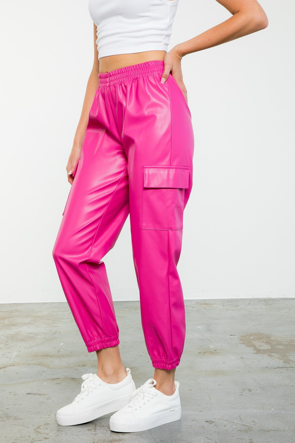 Poppin Pink Leather Joggers Bombshell Beautique