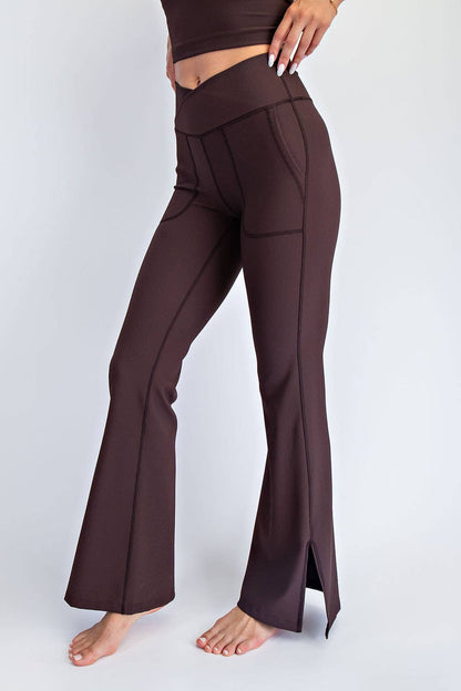 NYLON RIB V WAIST FLARED LEGGINGS: Black / S-M-L(2-2-2)