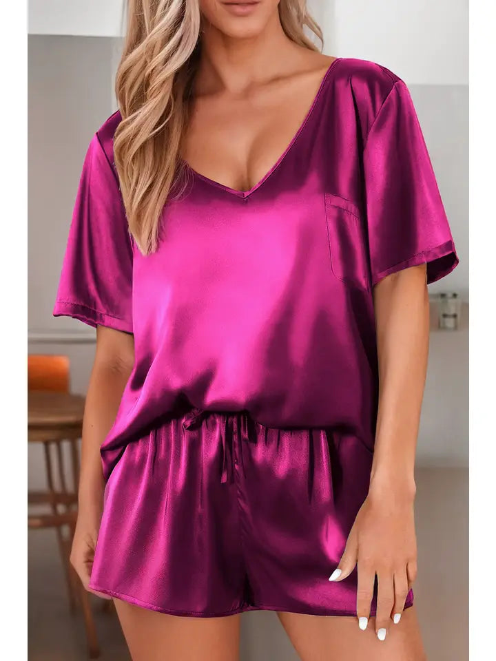 Satin Fushia Drawstring Short Set