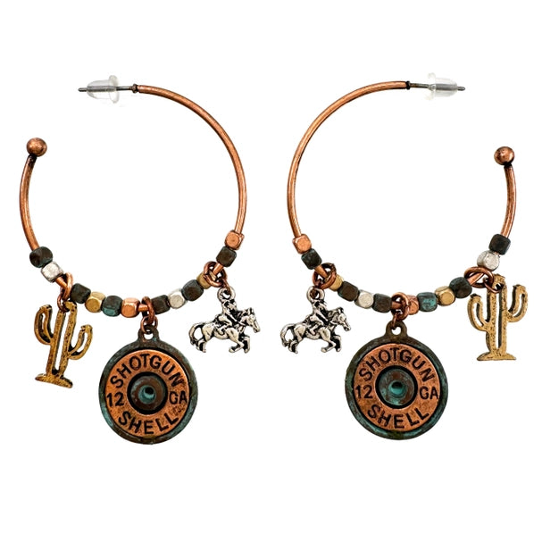 Bullet Shell Cowboy Cactus Western C Hoop Earrings