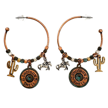 Bullet Shell Cowboy Cactus Western C Hoop Earrings