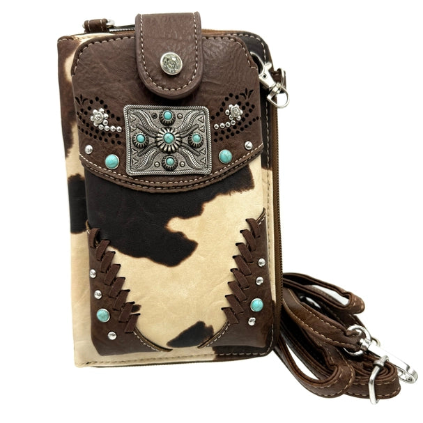 Rectangle Concho Brown Cow Print Western Phone Wallet