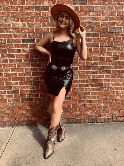 Smokin Black Leather Slit Dress