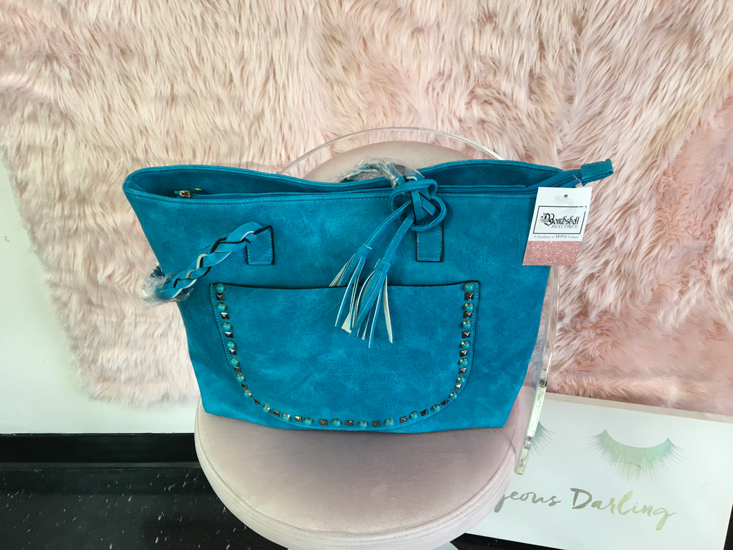 Turquoise Leather Studded Handbag