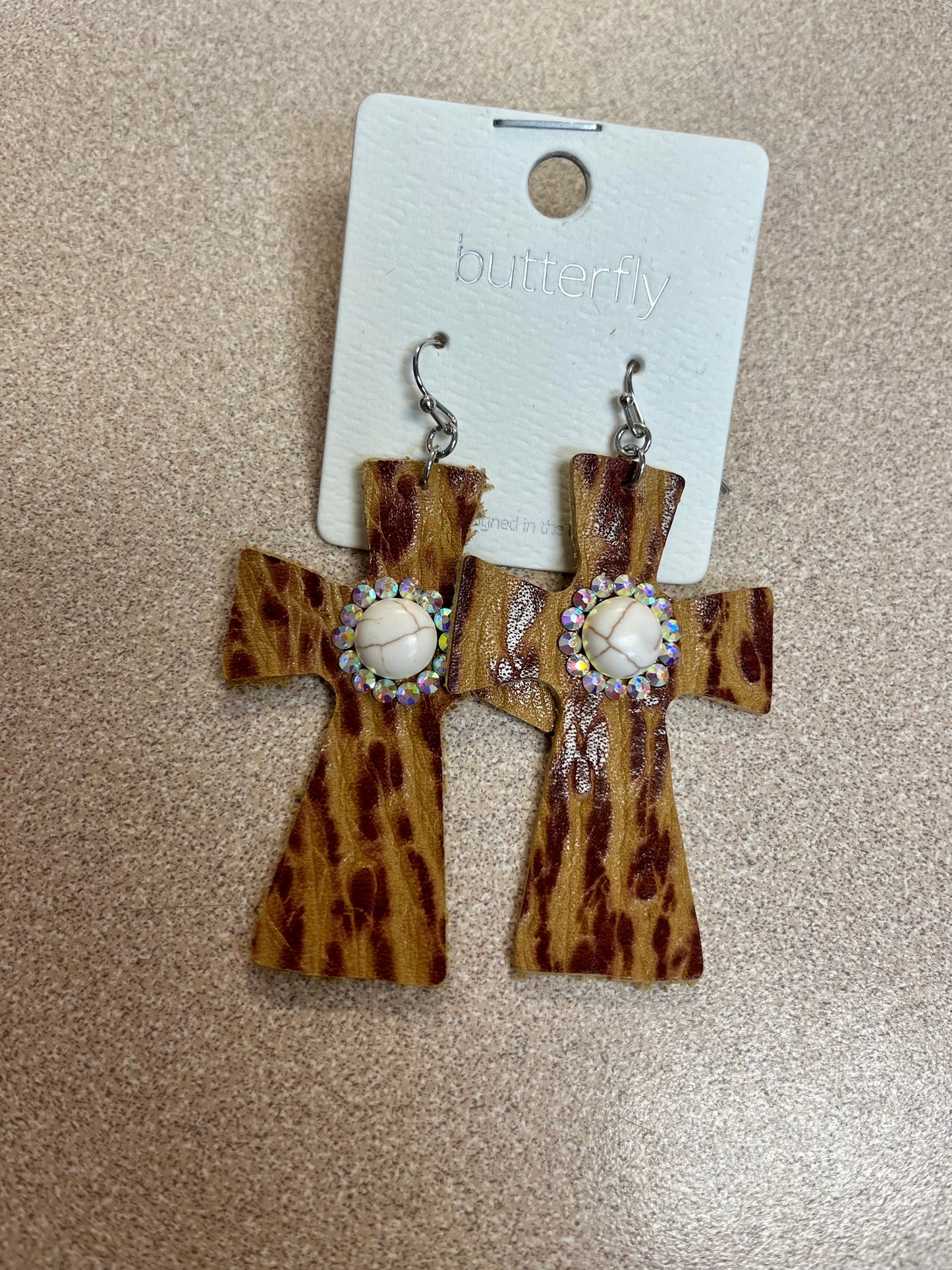 Leather n Stone Cross Earrings