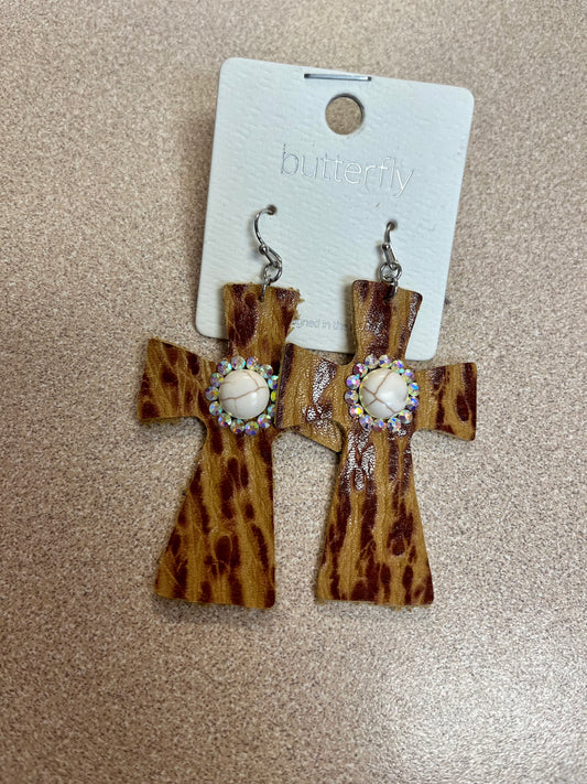 Leather n Stone Cross Earrings