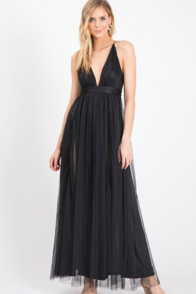 Black V-Neck Tulle Maxi