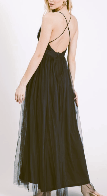 Black V-Neck Tulle Maxi
