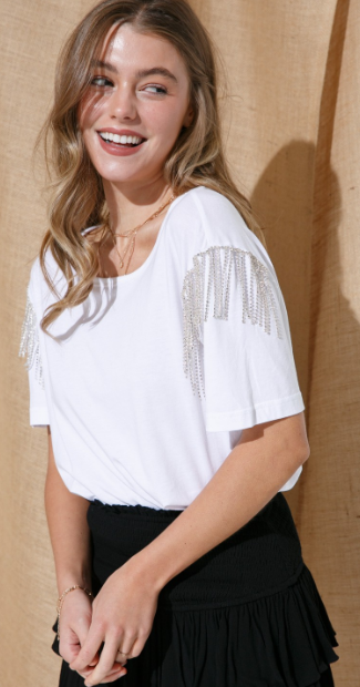 Rhinestone Fringe Shoulder Tee