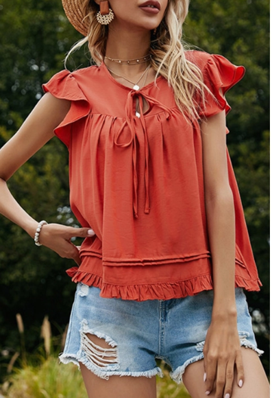 Burnt Orange Ruffle Sleeve Top