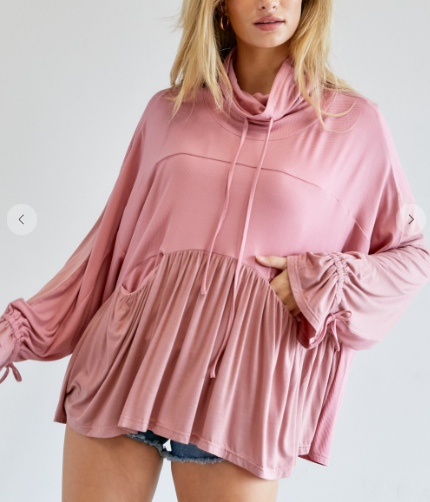 Solid Turtle Neck Ruffle Top