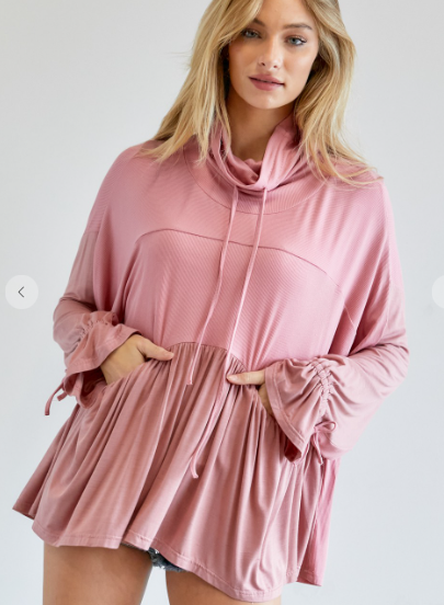 Solid Turtle Neck Ruffle Top