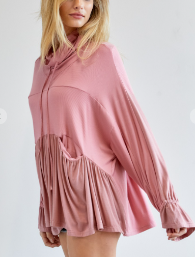 Solid Turtle Neck Ruffle Top