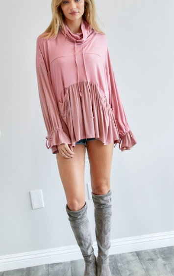 Solid Turtle Neck Ruffle Top