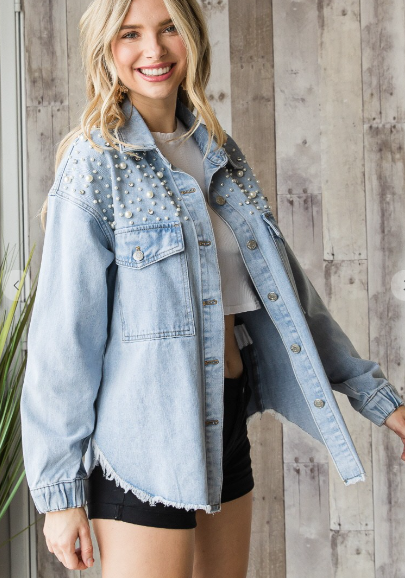 Pearl & Rhinestones Denim Shacket