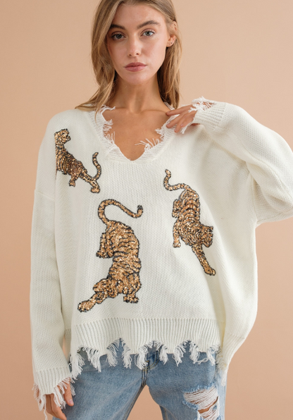 Frayed Sequin Tiger Pullover