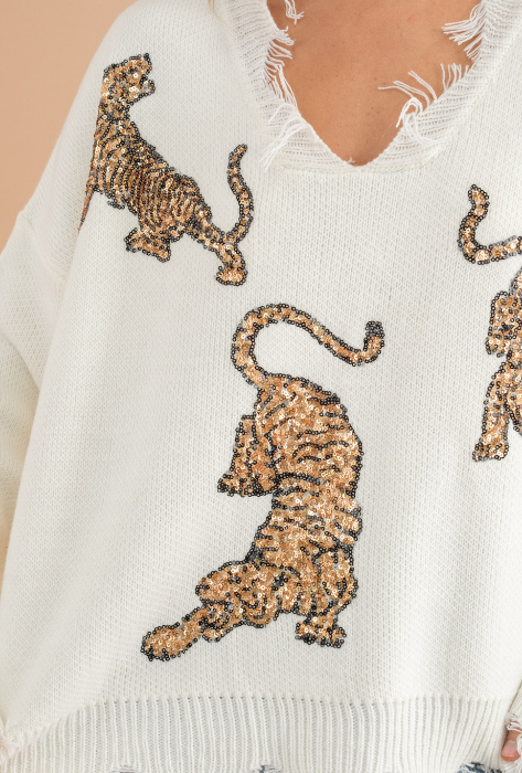 Frayed Sequin Tiger Pullover