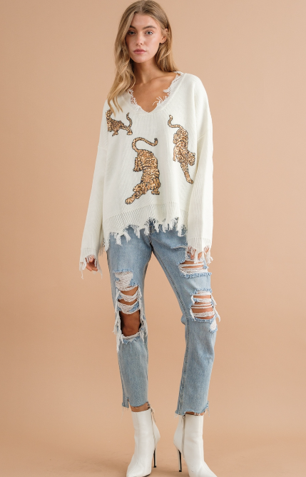 Frayed Sequin Tiger Pullover