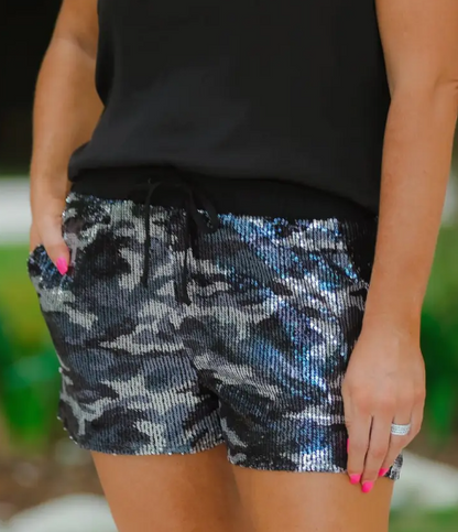 Grey Camo Sequin Shorts