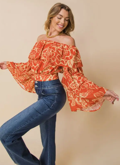 Rust & Roses Ruffled Top