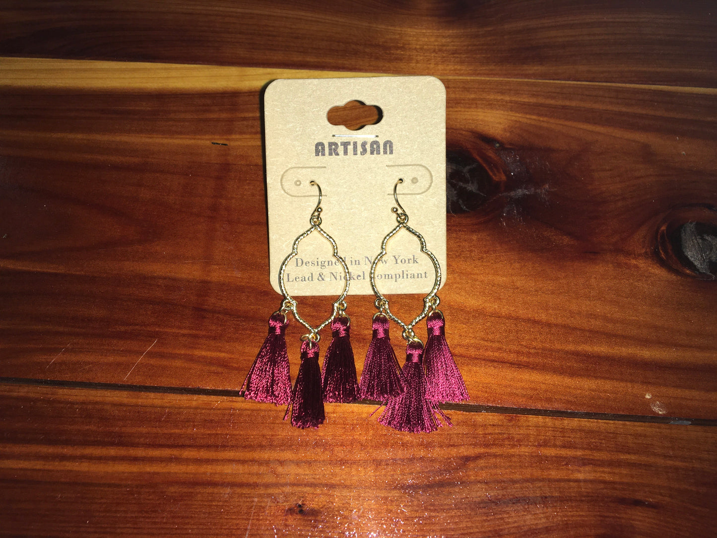 Quatrefoil GameDay Tassel Maroon Earrings