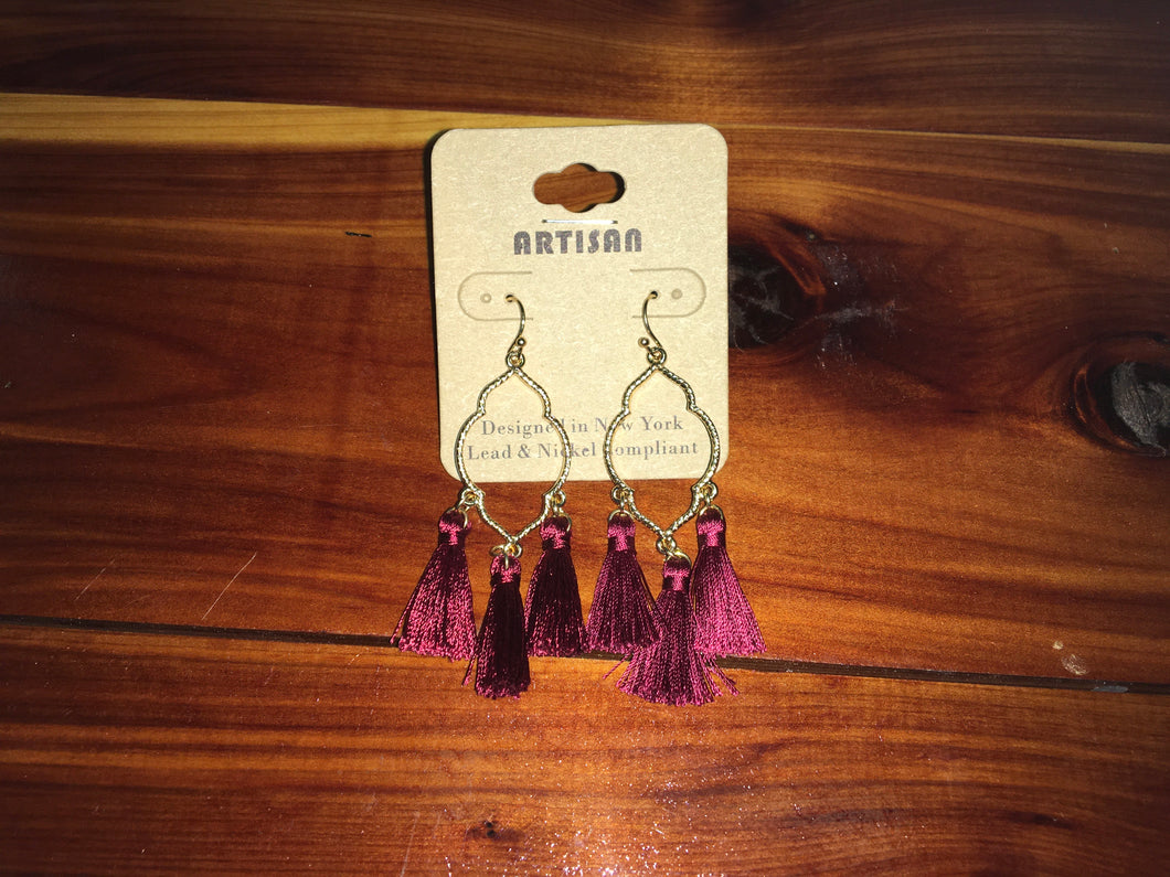 Quatrefoil GameDay Tassel Maroon Earrings