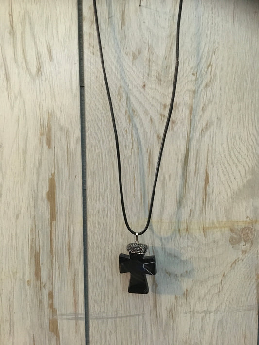 Long Genuine Leather Crystal Cross