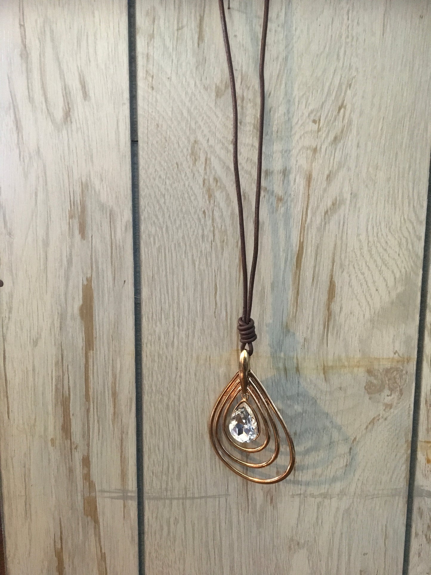 Genuine Leather Crystal T-Drop Necklace - Long